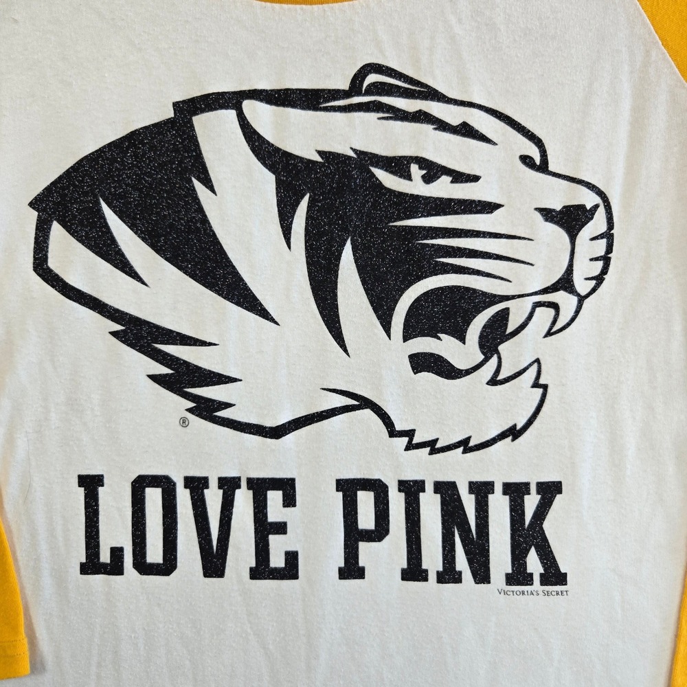 PINK Victoria's Secret Raglan Tee Women M White Yellow Collegiate Mizzou Tigers - Picture 7 of 10